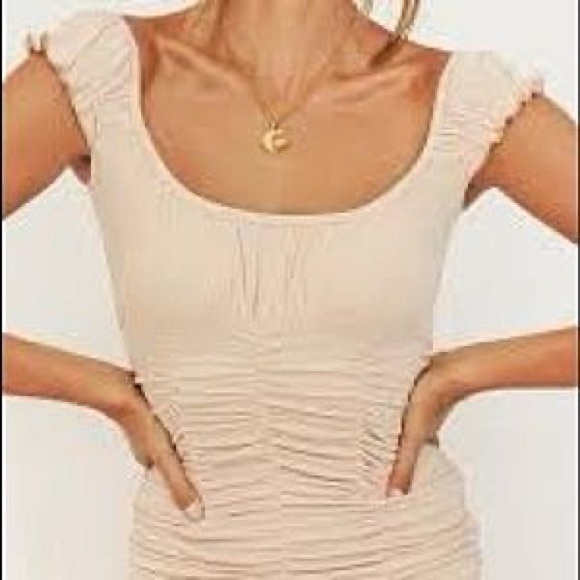 Verge girl ruched nude mini dress, off shoulder - Picture 2 of 5